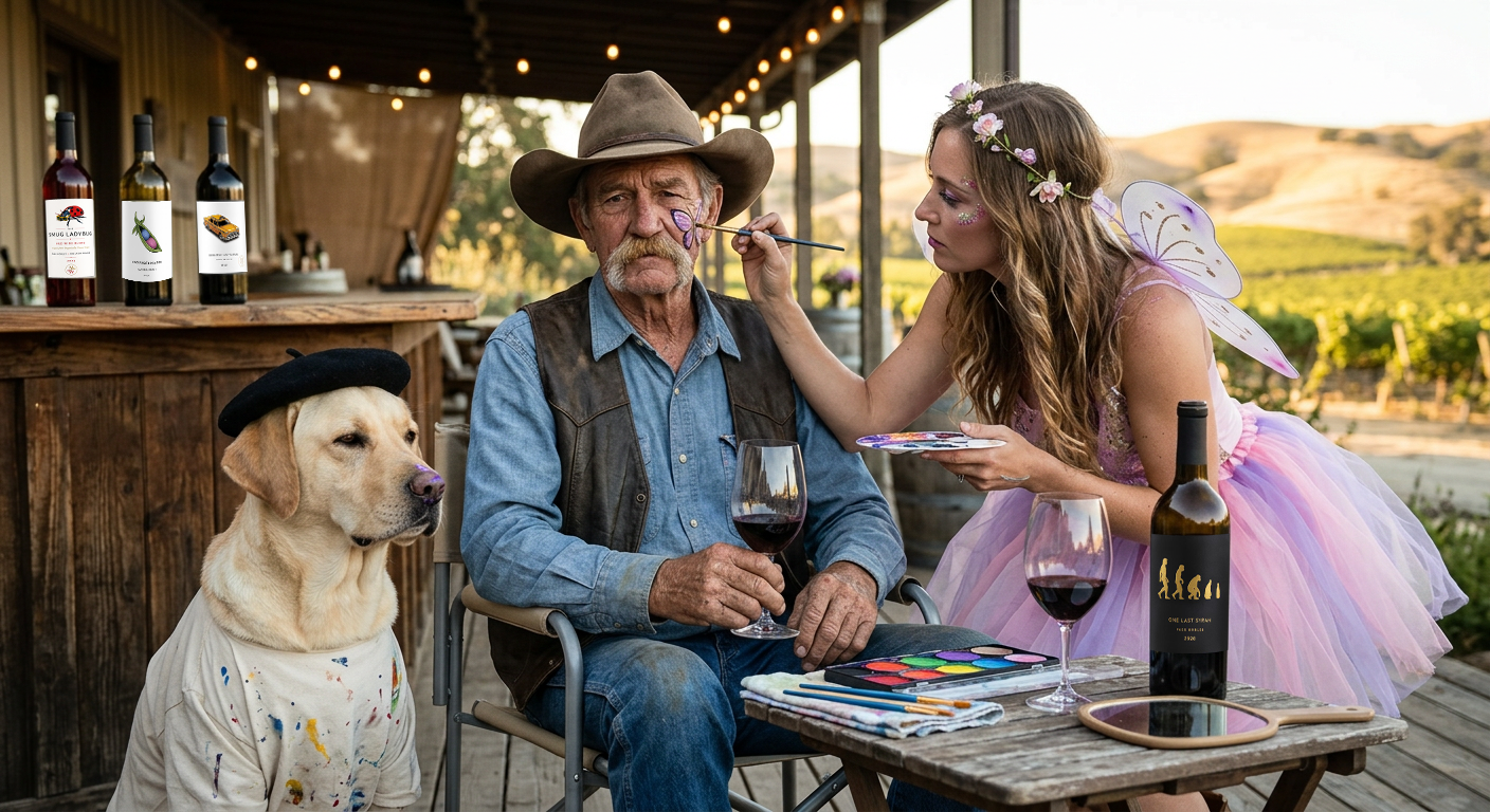 A stoic cowboy holds a glass of McClean red wine while a fairy in a pink tutu paints a butterfly on his cheek. A yellow Labrador in a black beret with paint on his nose sits beside them. Real McClean Wine bottles — Smug Ladybug, One Last Syrah, and Cabernet — line the bar behind them. Paso Robles vineyard hills and bistro lights glow in the background.